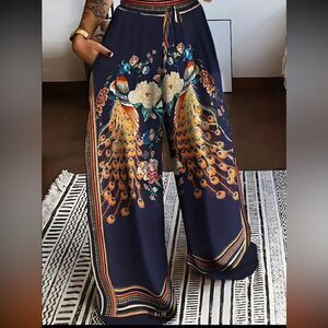 NIB NEW Boho Peacock Printed Palazzo Pants Side Pockets Drawstring Comfortable